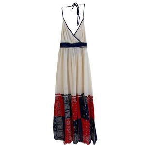 Jerell of Texas Vintage Bandana Print Swiss Dot Maxi Dress Halter Americana 9